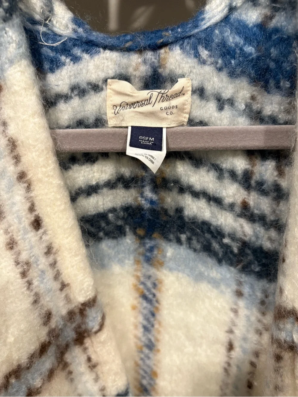 Universal Thread Cream Plaid Fringe Cardigan with Blue & Brown Accents